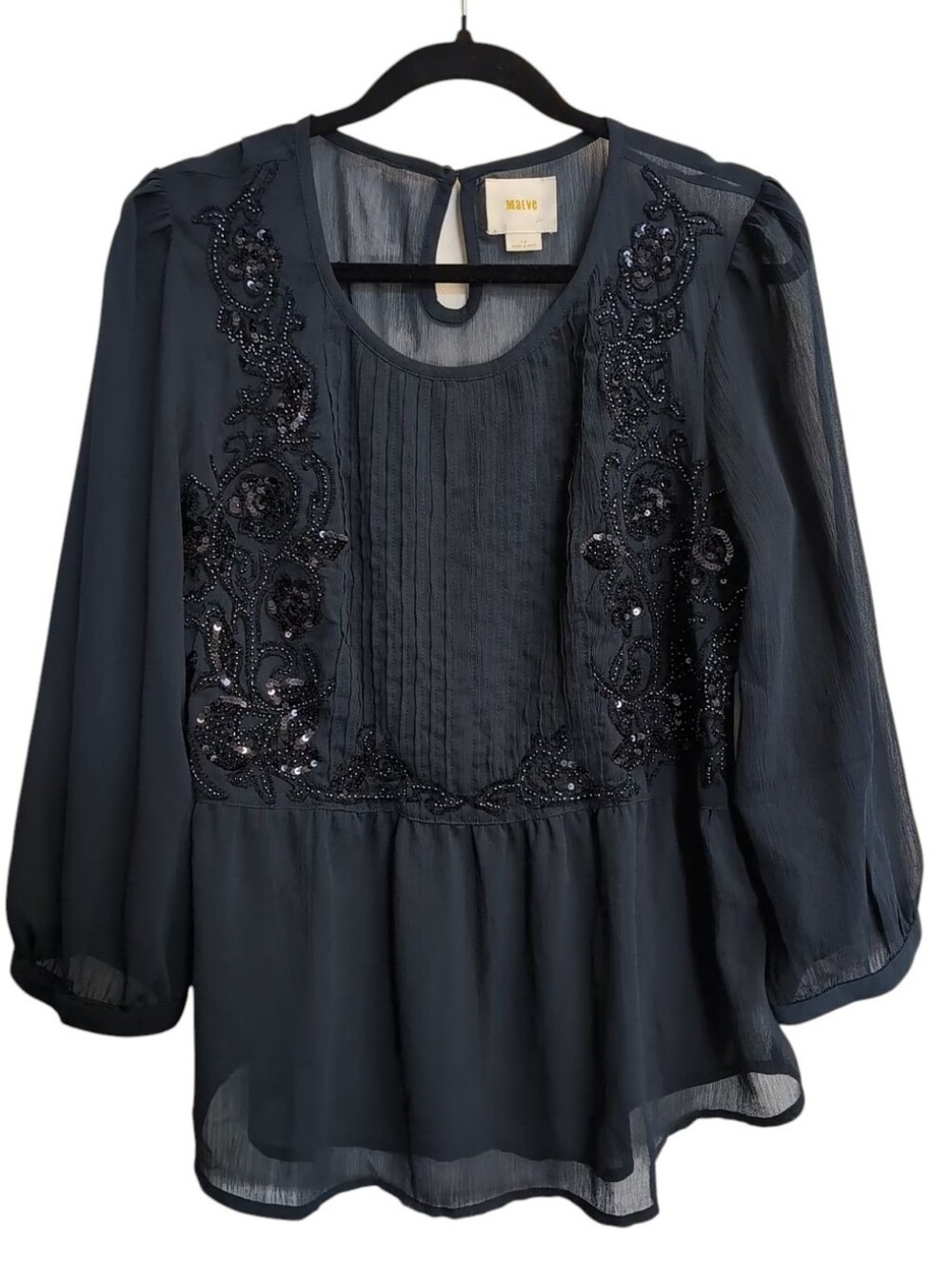 Anthropologie Maeve Sheer Sequin Blue Blouse Sz 12 Formal Wedding